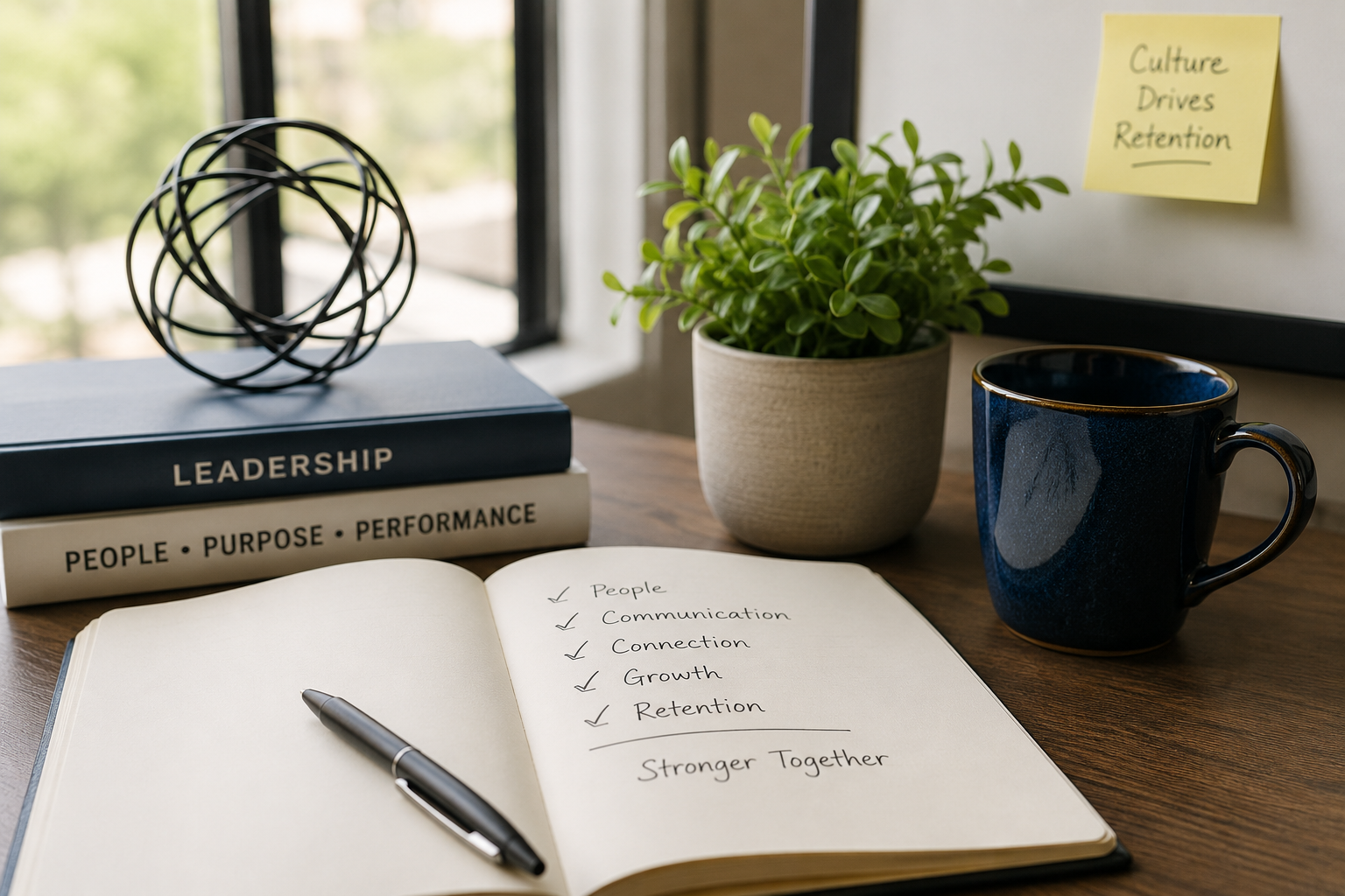 Amie Tooley's notebook from a session with Connective Consulting displaying an HR Manager's FAQ - Can Maxwell DISC Really Help with Staff Retention?